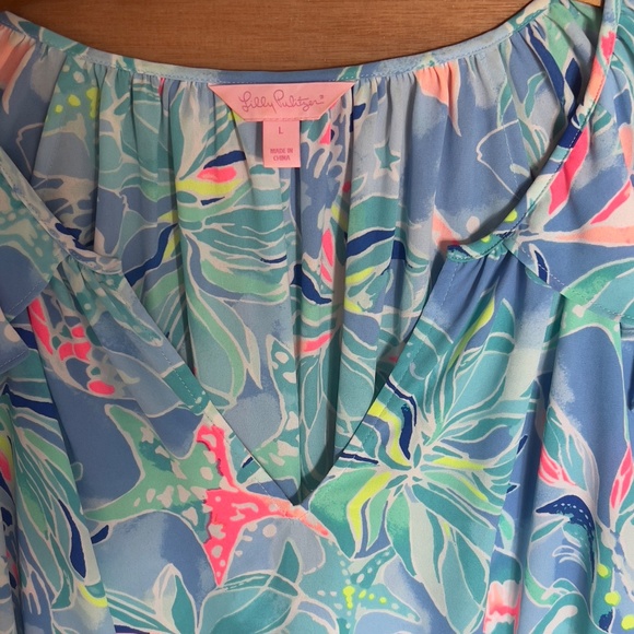 Lilly Pulitzer ELORA ruffle blouse size L bennett blue celestial sea cruise blue - Picture 7 of 9